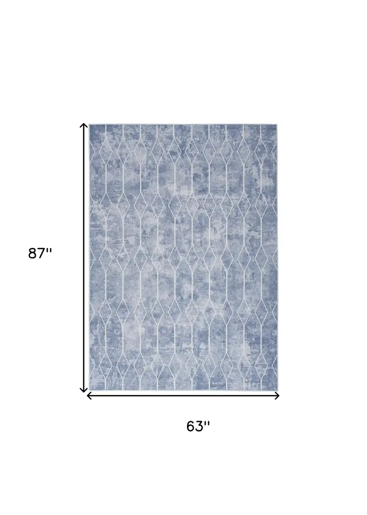 5' X 7' Blue and Off White Geometric Power Loom Washable Area Rug