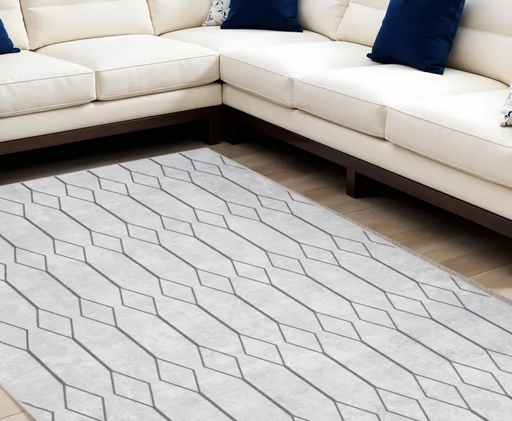 6' X 9' Gray and Ivory Geometric Power Loom Distressed Washable Area Rug