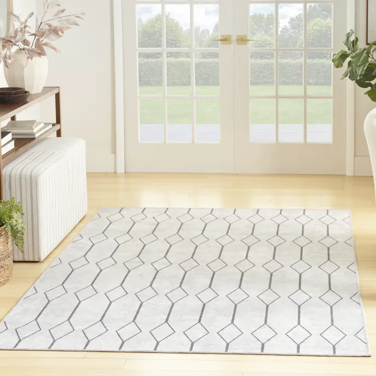 6' X 9' Gray and Ivory Geometric Power Loom Distressed Washable Area Rug
