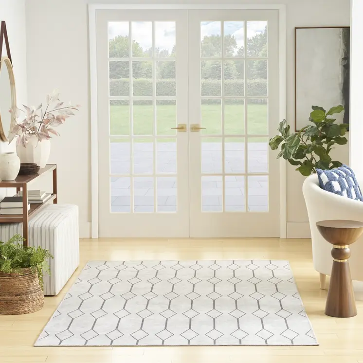 6' X 9' Gray and Ivory Geometric Power Loom Distressed Washable Area Rug