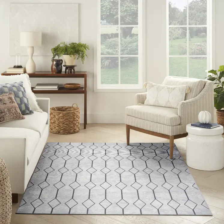6' X 9' Gray and Ivory Geometric Power Loom Distressed Washable Area Rug