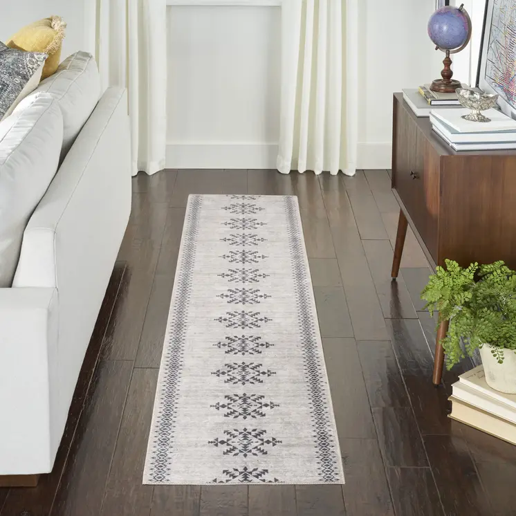 8' Gray Geometric Washable Runner Rug