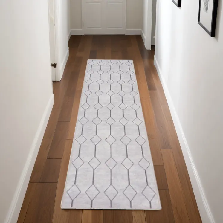 8' Cream Geometric Washable Runner Rug