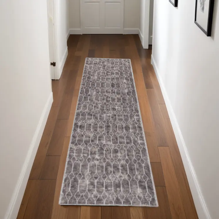 8' Brown Geometric Washable Runner Rug
