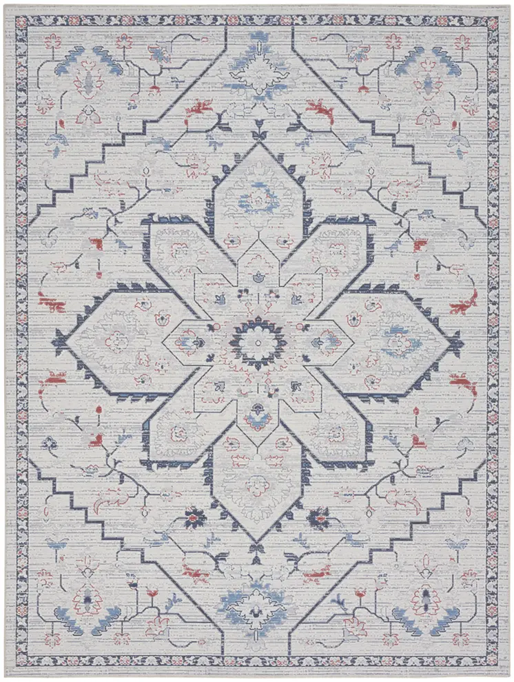 9' X 12' Ivory and Blue Oriental Power Loom Washable Area Rug