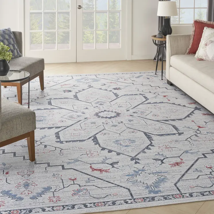 9' X 12' Ivory and Blue Oriental Power Loom Washable Area Rug
