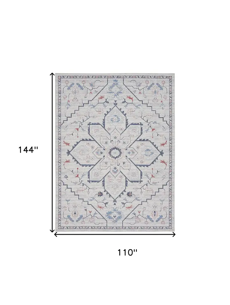 9' X 12' Ivory and Blue Oriental Power Loom Washable Area Rug