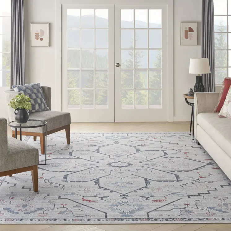 9' X 12' Ivory and Blue Oriental Power Loom Washable Area Rug
