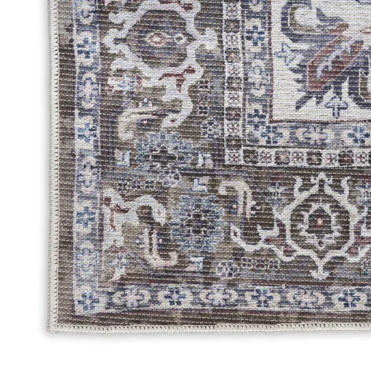 10' Green and Ivory Floral Power Loom Distressed Washable Runner Rug