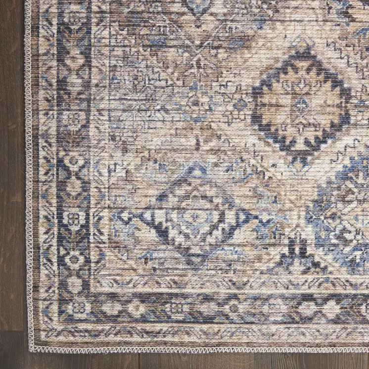 8' Ivory and Tan Floral Power Loom Distressed Washable Runner Rug