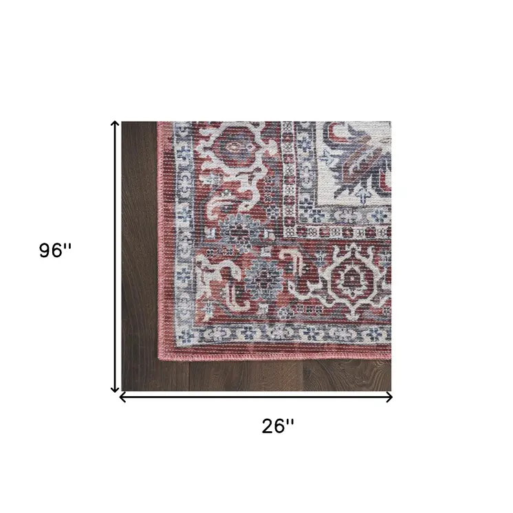 8' Red and Ivory Floral Power Loom Distressed Washable Runner Rug