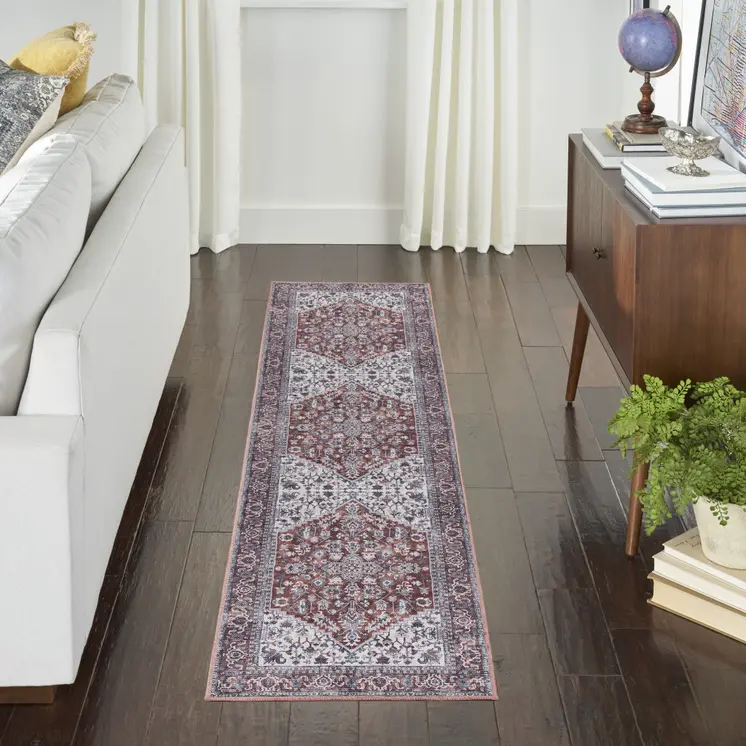 8' Red and Ivory Floral Power Loom Distressed Washable Runner Rug