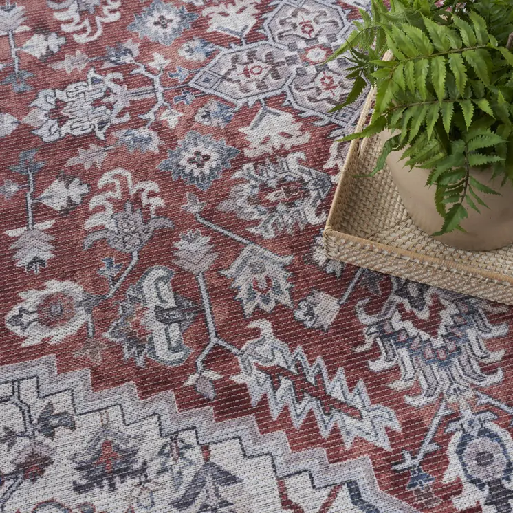 8' Red and Ivory Floral Power Loom Distressed Washable Runner Rug