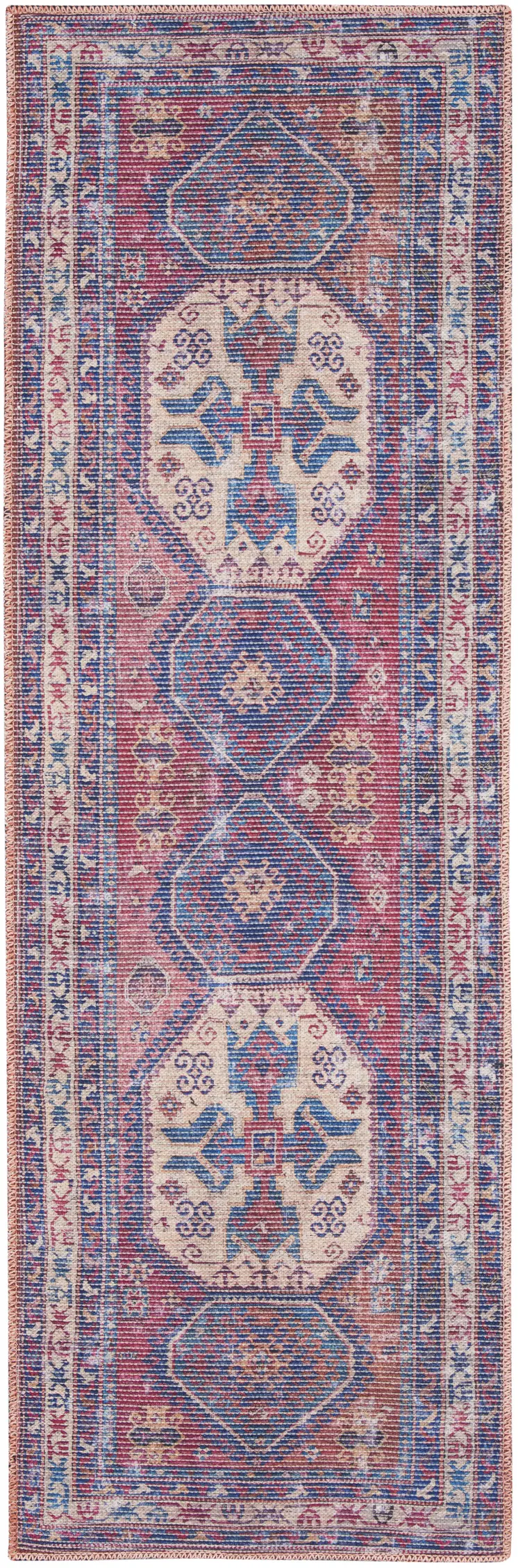 8' Blue And Red Medallion Distressed Washable Runner Rug