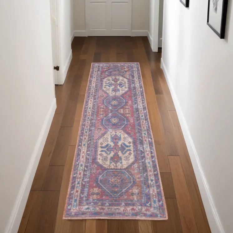 8' Blue And Red Medallion Distressed Washable Runner Rug