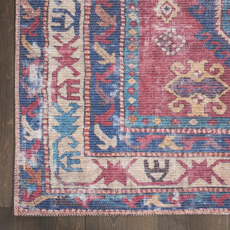 8' Blue And Red Medallion Distressed Washable Runner Rug