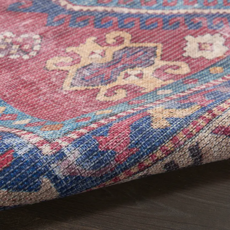 8' Blue And Red Medallion Distressed Washable Runner Rug