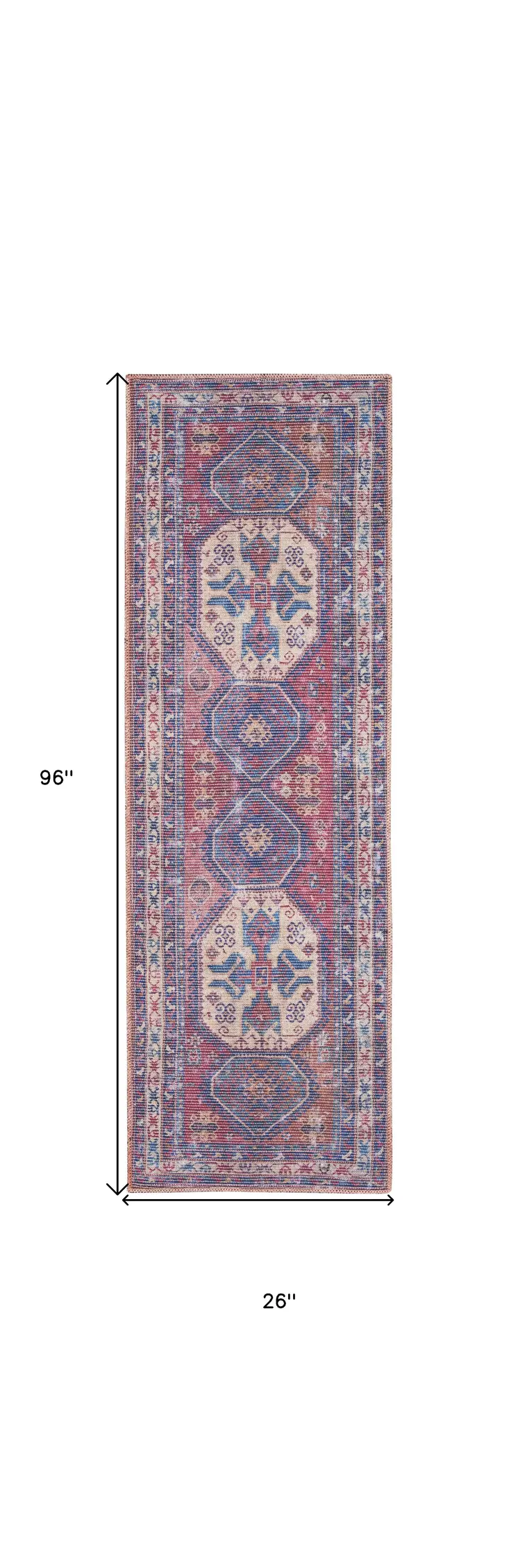8' Blue And Red Medallion Distressed Washable Runner Rug