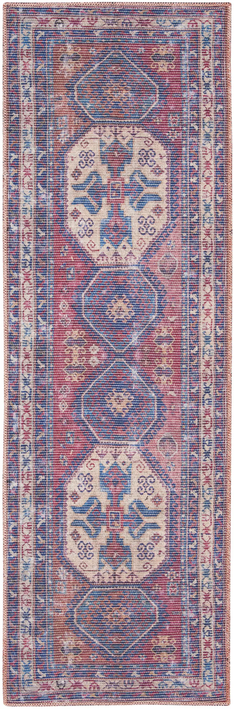 8' Blue And Red Medallion Distressed Washable Runner Rug
