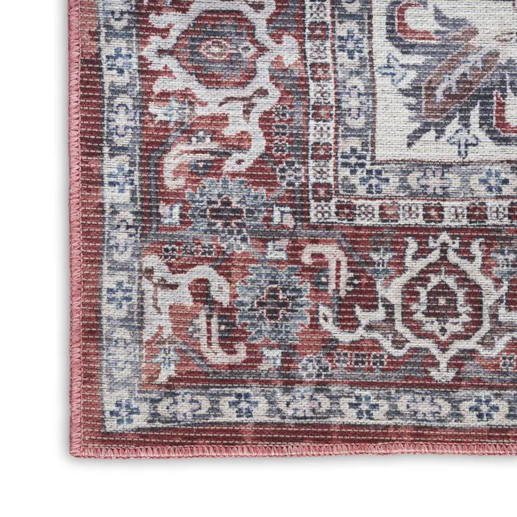 9' X 12' Red and Ivory Floral Power Loom Distressed Washable Area Rug