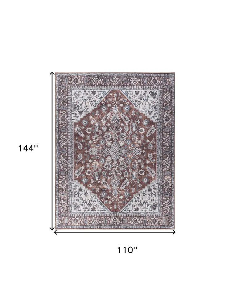 9' X 12' Red and Ivory Floral Power Loom Distressed Washable Area Rug