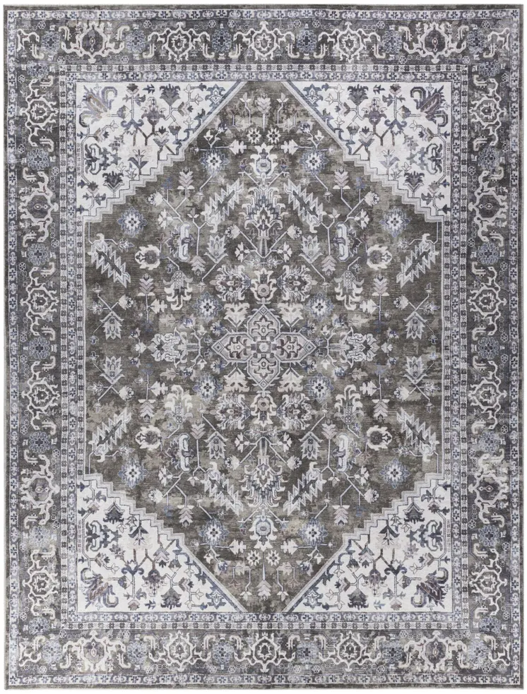 9' X 12' Green and Ivory Floral Power Loom Distressed Washable Area Rug
