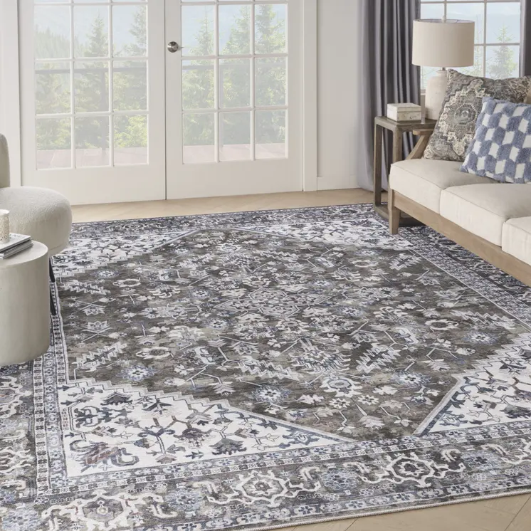 9' X 12' Green and Ivory Floral Power Loom Distressed Washable Area Rug