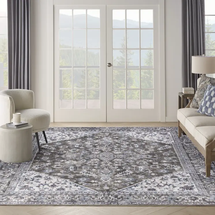 9' X 12' Green and Ivory Floral Power Loom Distressed Washable Area Rug
