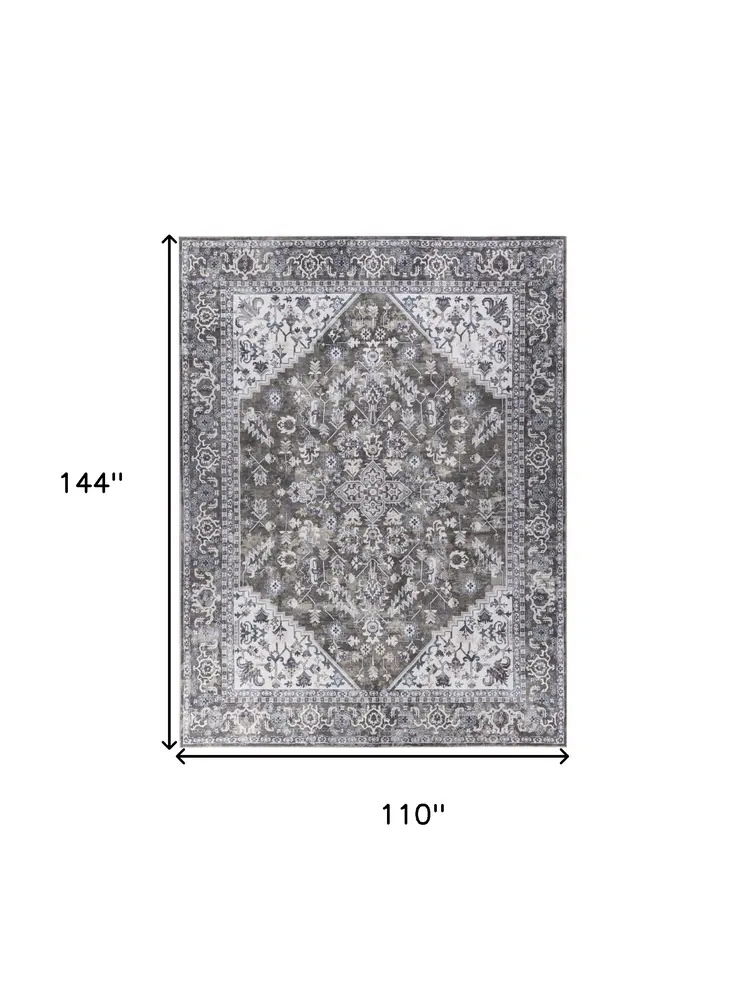 9' X 12' Green and Ivory Floral Power Loom Distressed Washable Area Rug