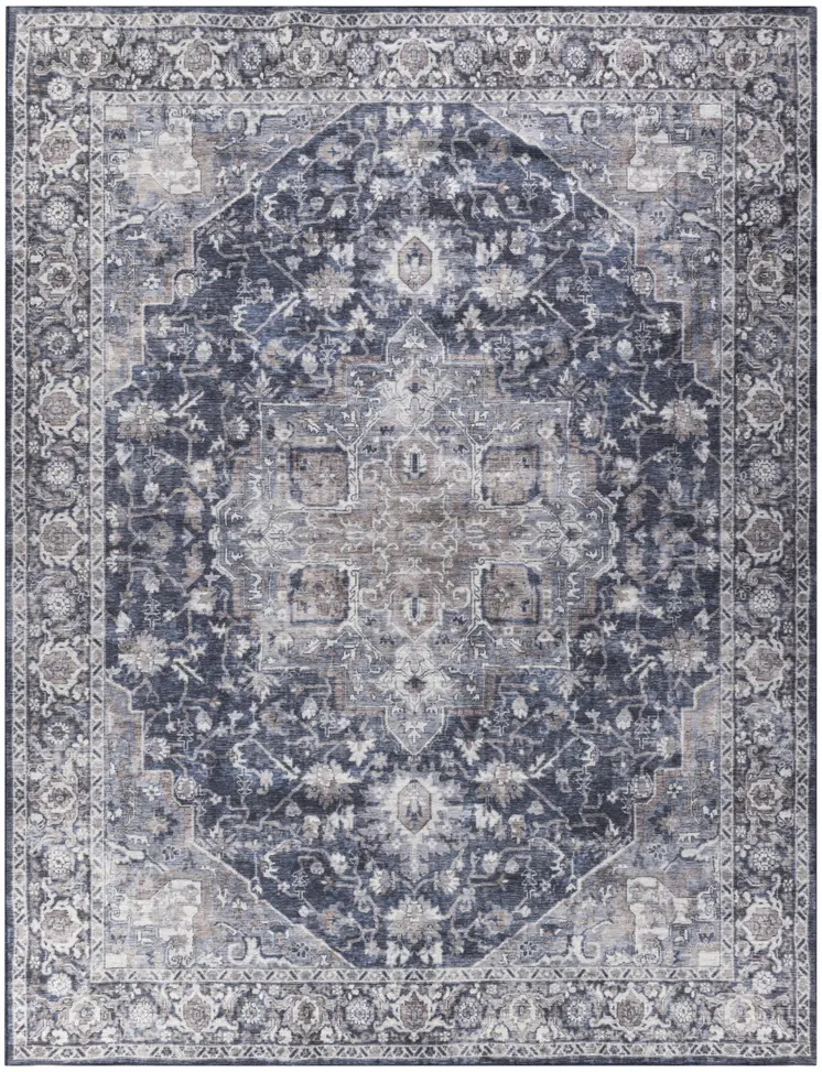 9' X 12' Blue and Ivory Floral Power Loom Distressed Washable Area Rug