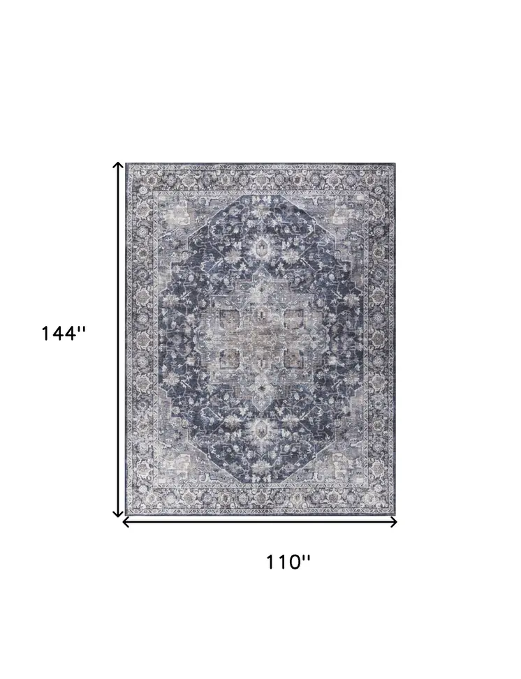 9' X 12' Blue and Ivory Floral Power Loom Distressed Washable Area Rug