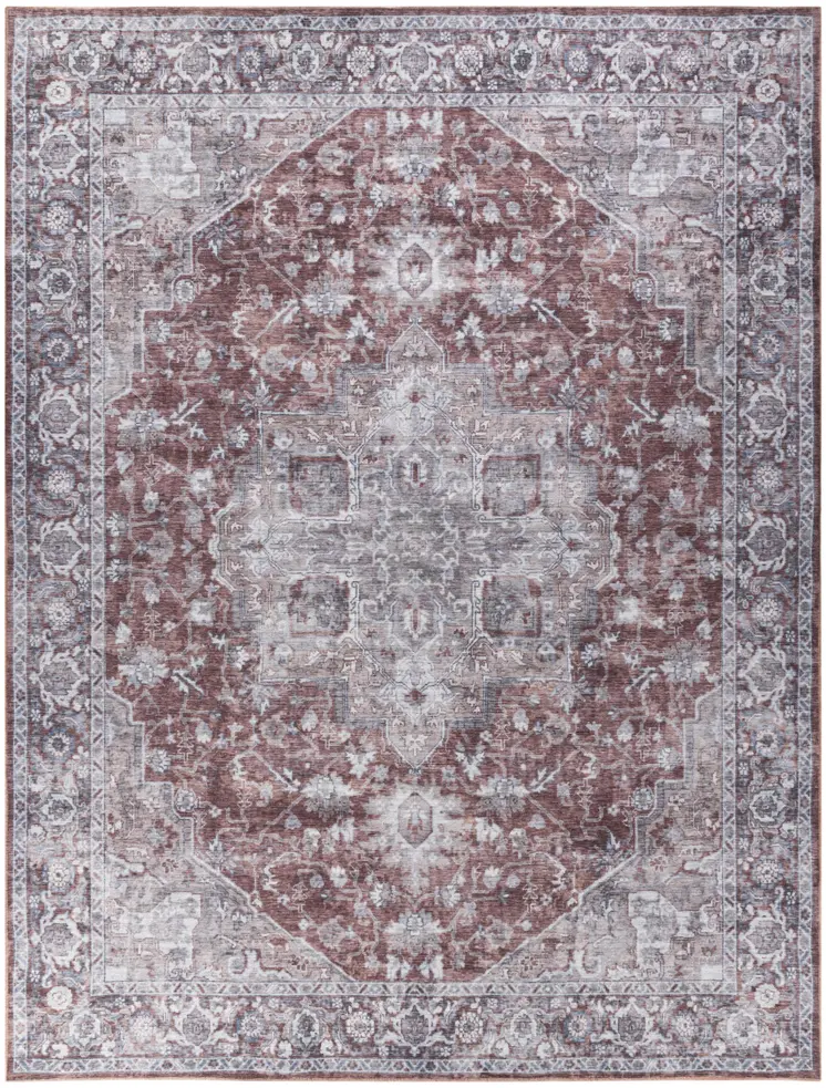 9' X 12' Red and Ivory Floral Power Loom Distressed Washable Area Rug