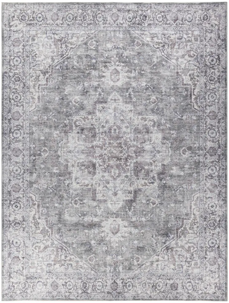 9' X 12' Gray and Ivory Floral Power Loom Distressed Washable Area Rug