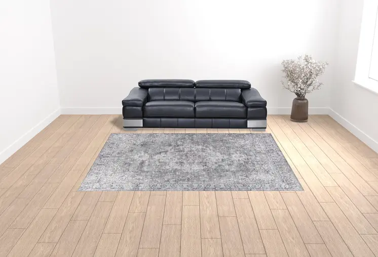 9' X 12' Gray and Ivory Floral Power Loom Distressed Washable Area Rug