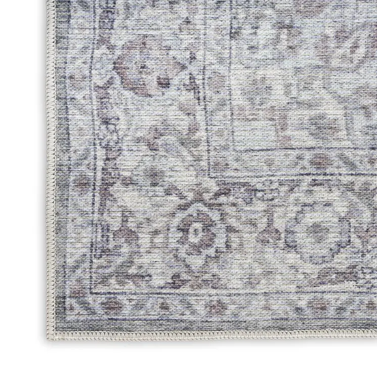9' X 12' Gray and Ivory Floral Power Loom Distressed Washable Area Rug