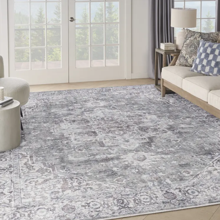 9' X 12' Gray and Ivory Floral Power Loom Distressed Washable Area Rug