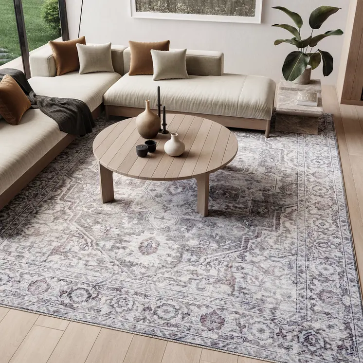 9' X 12' Gray and Ivory Floral Power Loom Distressed Washable Area Rug