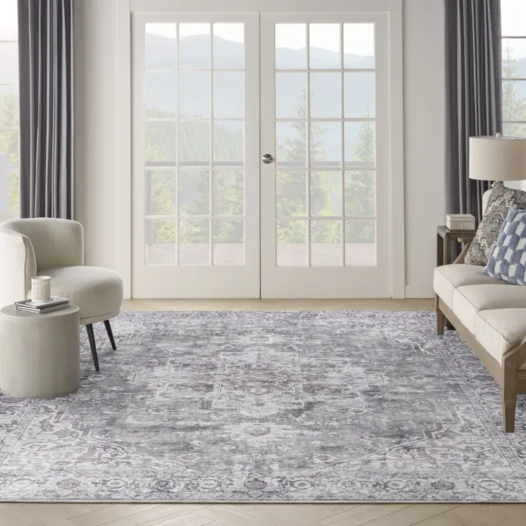 9' X 12' Gray and Ivory Floral Power Loom Distressed Washable Area Rug