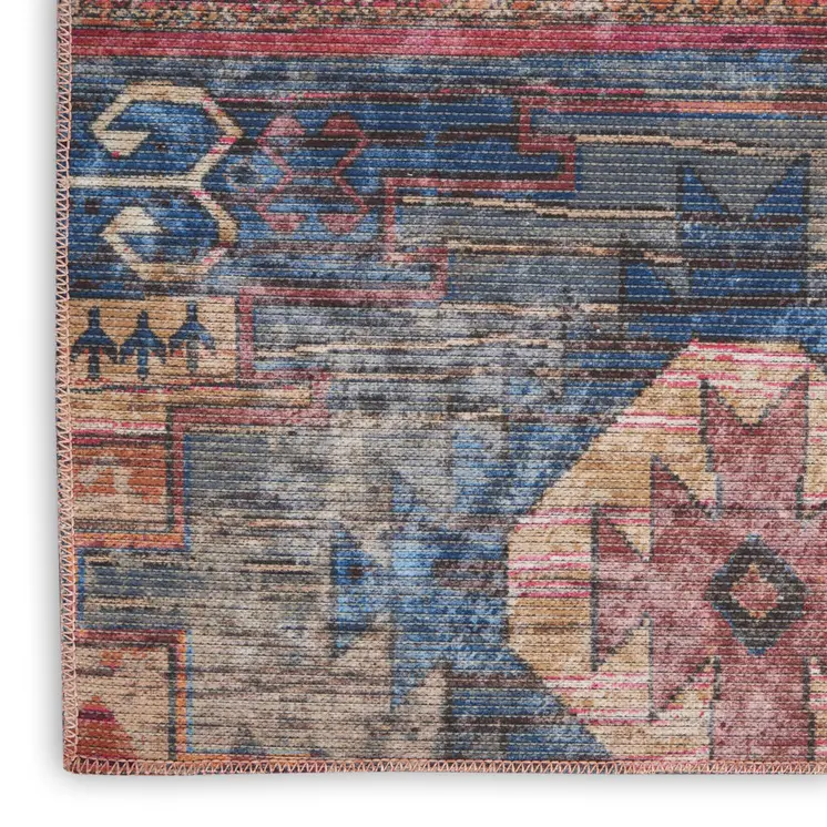 8' X 10' Blue and Red Geometric Power Loom Distressed Washable Area Rug