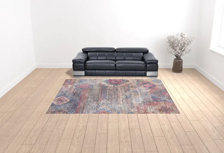 9' X 12' Blue and Red Geometric Power Loom Distressed Washable Area Rug