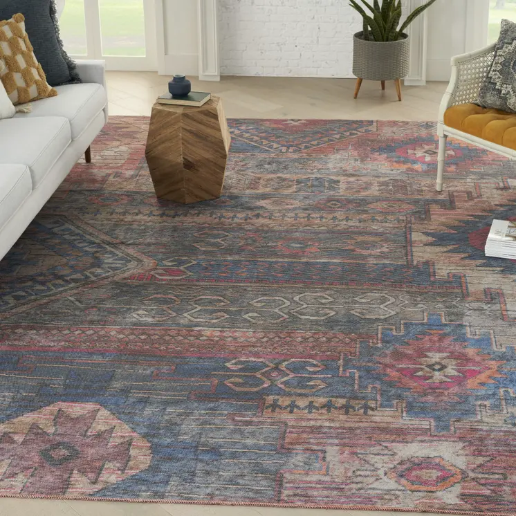 9' X 12' Blue and Red Geometric Power Loom Distressed Washable Area Rug