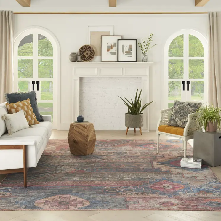 9' X 12' Blue and Red Geometric Power Loom Distressed Washable Area Rug