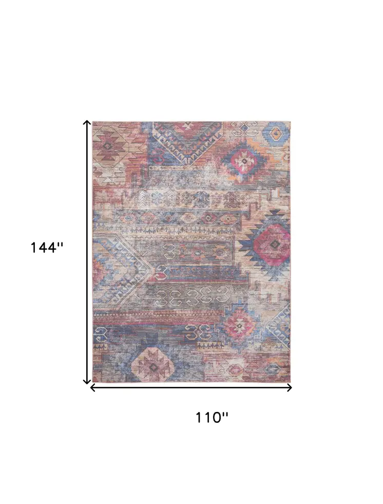 9' X 12' Blue and Red Geometric Power Loom Distressed Washable Area Rug