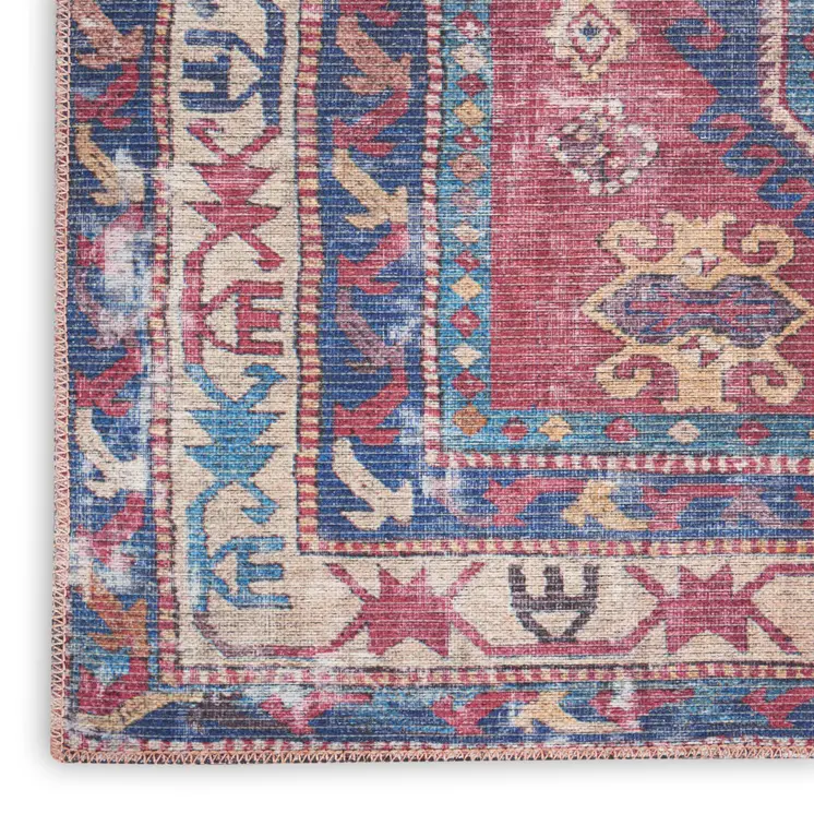 9' X 12' Blue and Red Geometric Power Loom Distressed Washable Area Rug