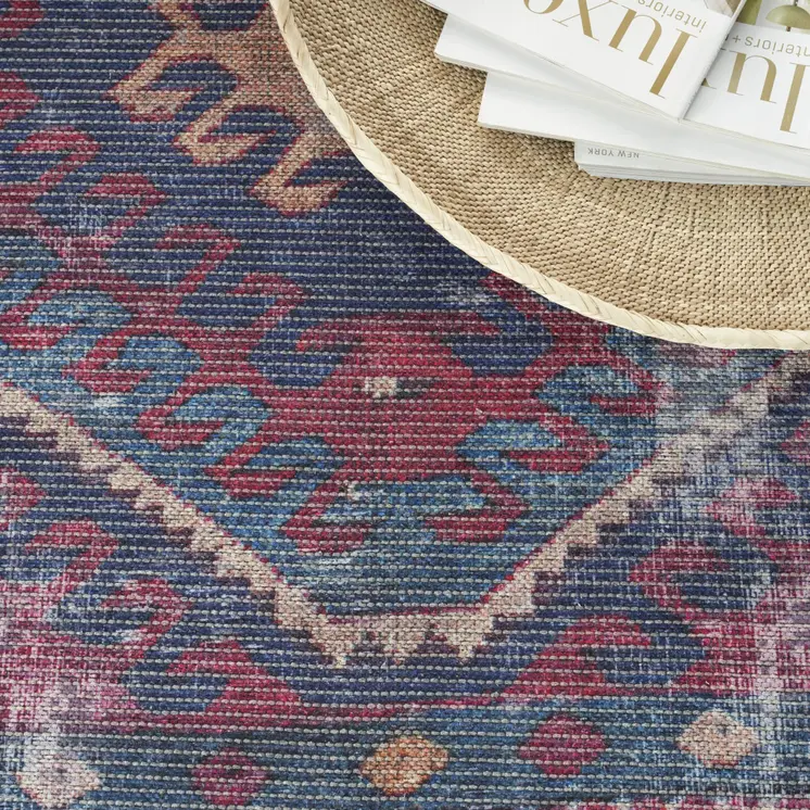 9' X 12' Blue and Red Geometric Power Loom Distressed Washable Area Rug