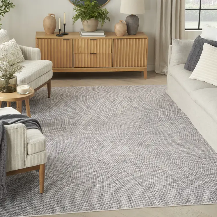 5' X 7' Gray and Ivory Abstract Power Loom Washable Non Skid Area Rug