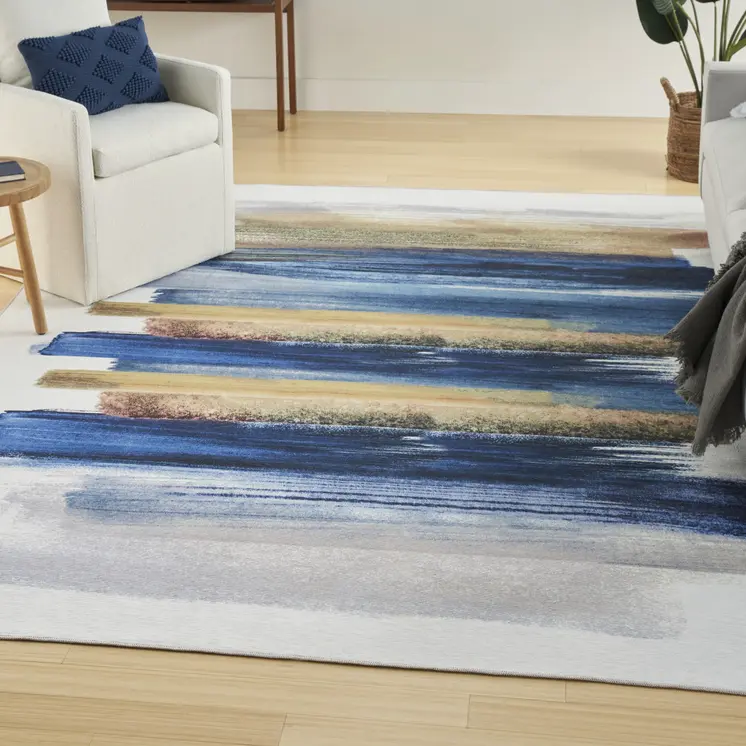 9' X 12' Blue And Gray Abstract Washable Area Rug