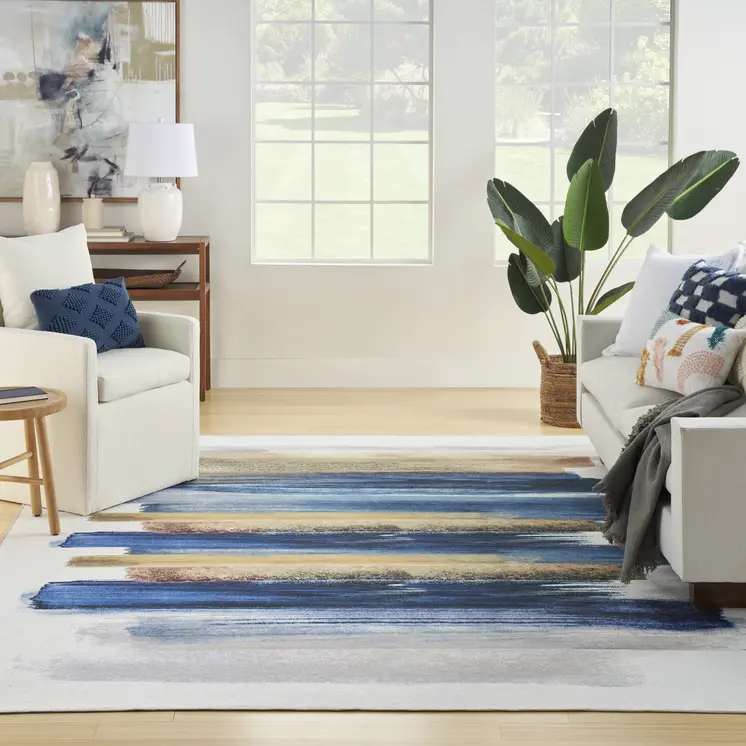 9' X 12' Blue And Gray Abstract Washable Area Rug