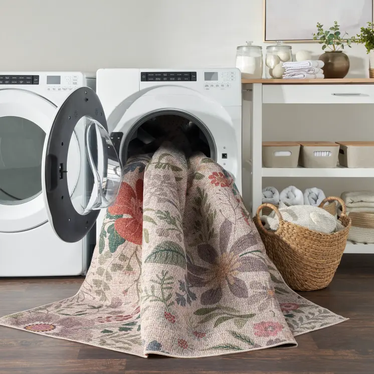 10' Cream Floral Washable Runner Rug