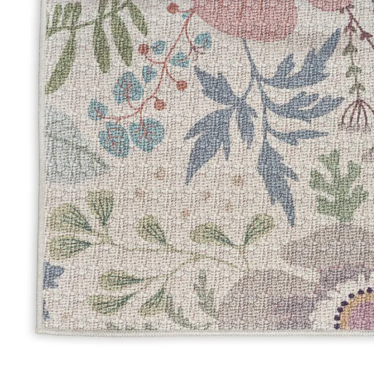 10' Cream Floral Washable Runner Rug
